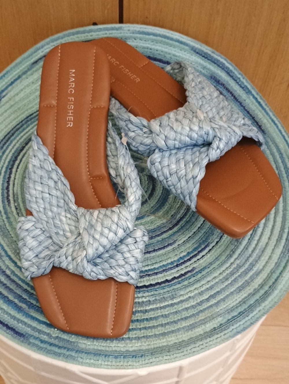 Marc Fisher Braided Light Blue and Brown Slide Sandals